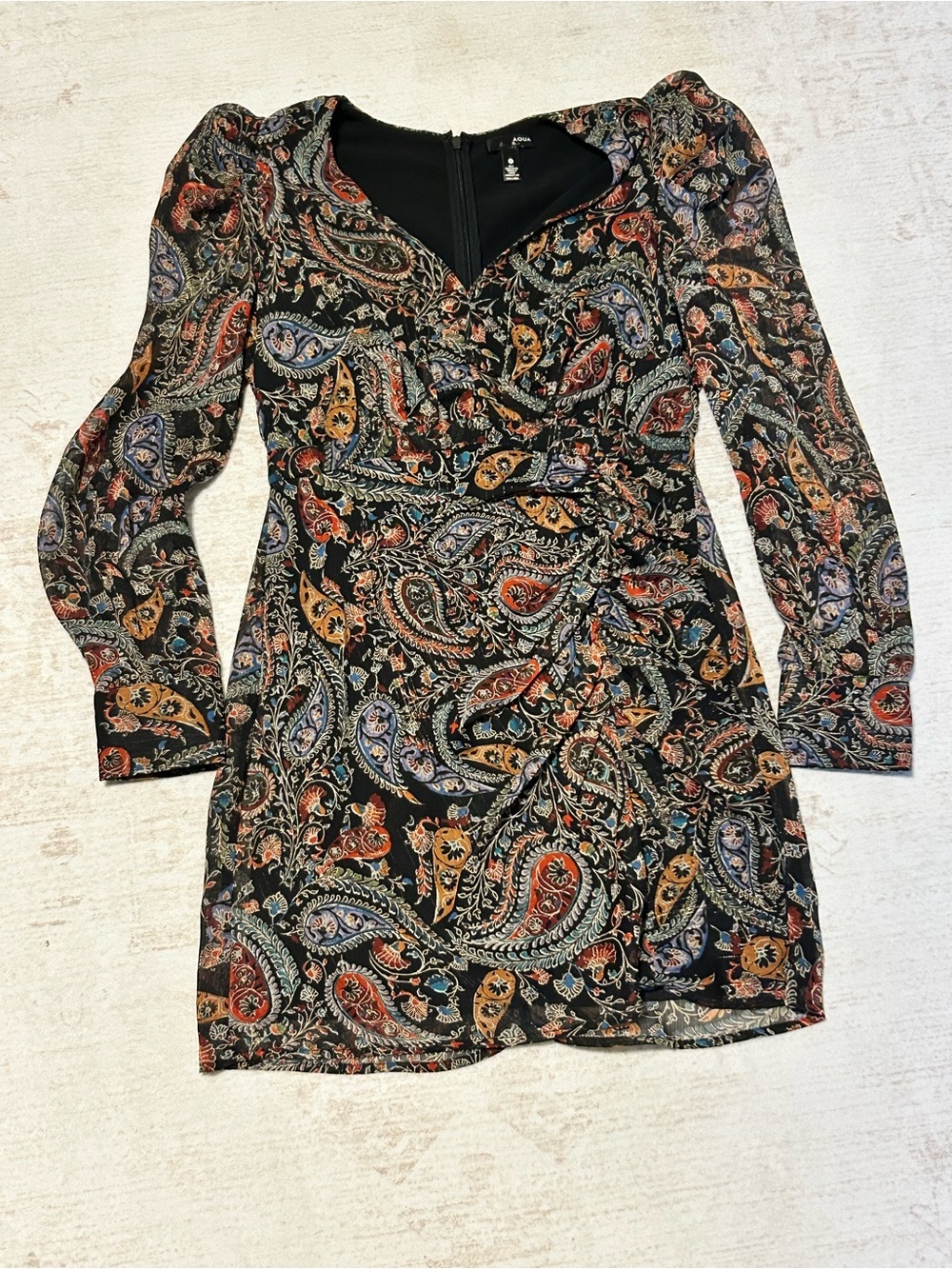 Aqua Multicolor Paisley Long Sleeve Wrap Dress in Black